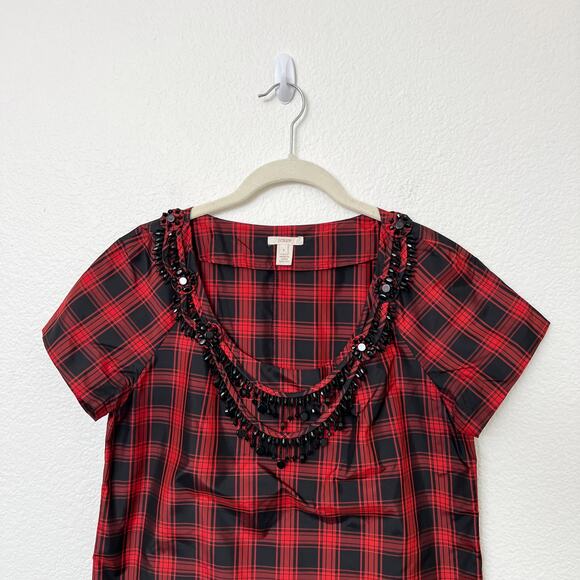 [J. Crew] Red Black Buffalo Plaid Eliza Jeweled Necklace Tartan Top Silk Size 6 - Picture 4 of 11